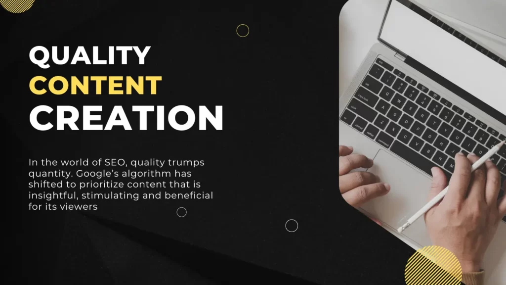 Quality content creation with a laptop and hand holding a pen, emphasizing the importance of insightful and beneficial content for SEO in 2023.