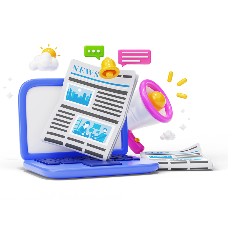 Laptop with news articles and a megaphone, symbolizing digital PR and media outreach for brand visibility and SEO growth.
