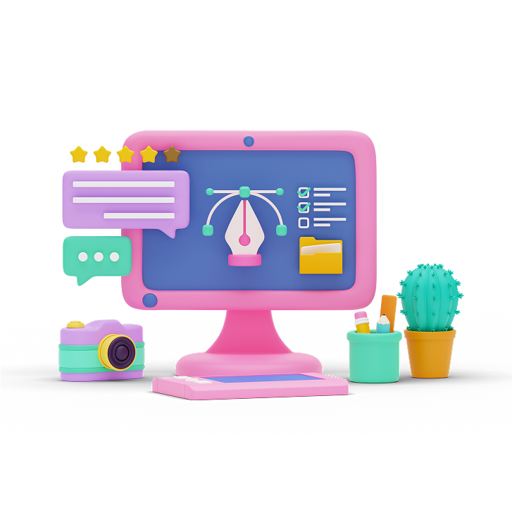 Colorful computer monitor displaying design tools and messaging icons, symbolizing creativity and marketing strategy for Perceptiv Media's innovative solutions.