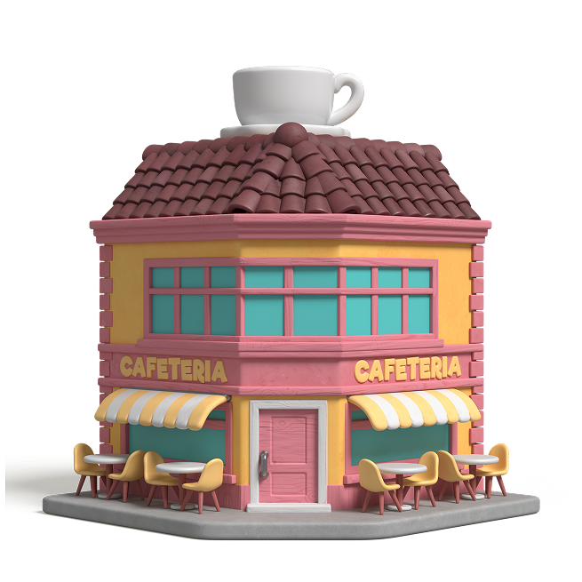 Colorful cafe building with "CAFETERIA" signage, outdoor seating, and a decorative coffee cup on the roof, symbolizing hospitality in Sydney.