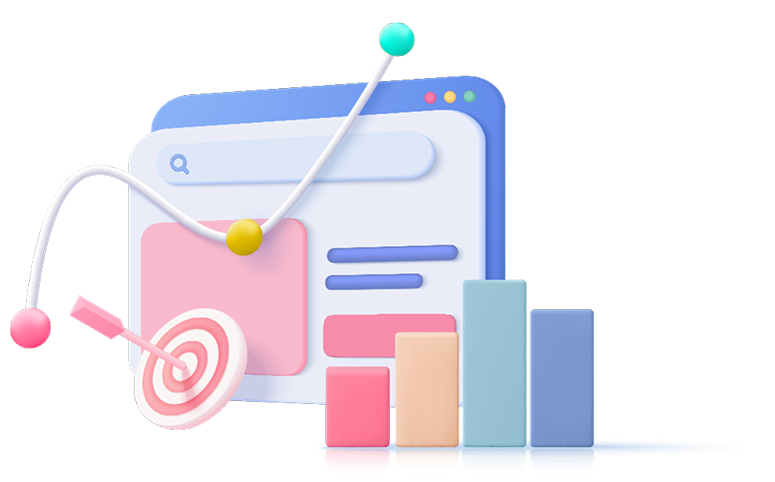 Colorful digital marketing analytics dashboard with graphs, charts, and a target symbol, representing growth strategies for businesses.