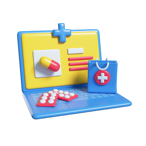 Colorful laptop displaying pharmacy-related graphics, including a pill, prescription details, and a shopping bag with a pharmacy cross symbol, symbolizing eCommerce and local pharmacy services.