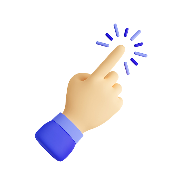 Hand with a blue sleeve pointing and indicating a click, symbolizing effective PPC advertising strategies and user engagement.