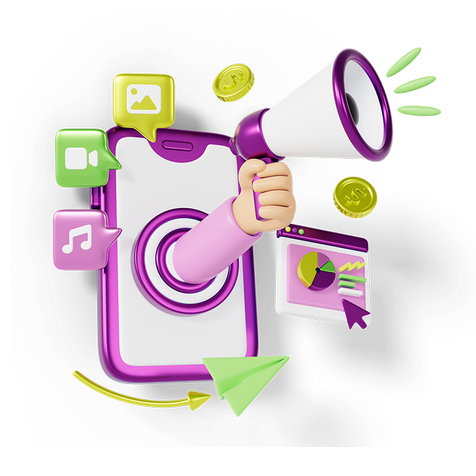 Colorful smartphone with a megaphone, social media icons, and growth graphics symbolizing digital PR and media engagement.