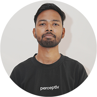 Ravinder Raj, WordPress Developer at Perceptiv Media, wearing a branded shirt, in a circular frame.