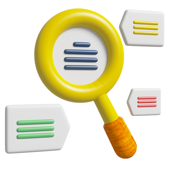 Magnifying glass highlighting text lines with colorful labels, symbolizing SEO strategies and online visibility for digital marketing.