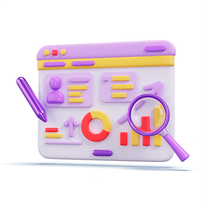 Colorful 3D illustration of a website dashboard with charts, graphs, and a magnifying glass, representing SEO analytics and optimization for mechanics in Sydney.