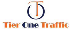 Logo of Tier One Traffic, featuring a stylized "T" and the brand name, representing digital marketing services focused on increasing business growth and visibility.