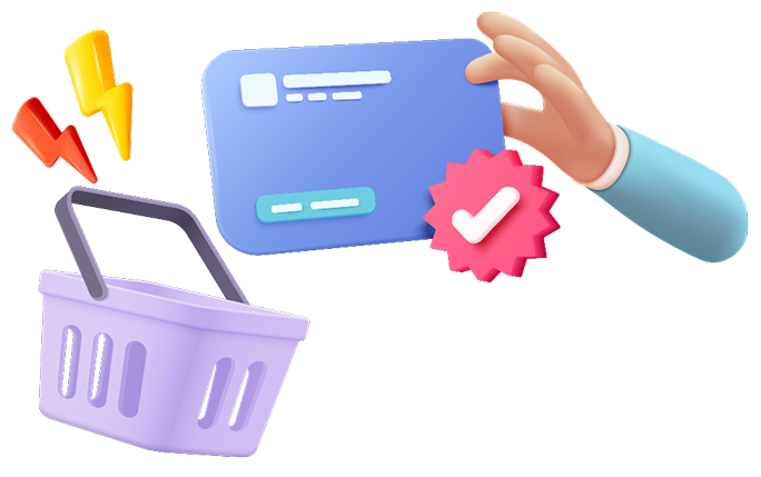 Hand reaching for a blue credit card above a purple shopping basket, with lightning bolts and a pink checkmark badge, symbolizing online transactions and customer engagement for tradies in Sydney.