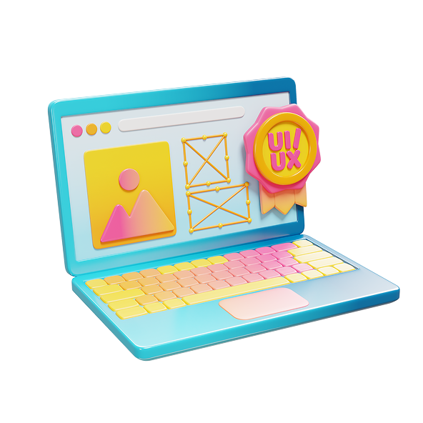 Colorful laptop displaying UI/UX design elements, including an image placeholder and wireframe sketches, symbolizing custom WordPress website development and design flexibility.