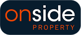 Onside Property logo featuring the word "onside" in bold white and orange letters on a dark blue background.