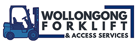 Wollongong Forklift and Access Services logo featuring a forklift and bold text emphasizing their service offerings.