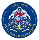 Logo of Mantra Seafoods featuring an anchor, waves, and a red fish, established in 1979, symbolizing quality seafood services.