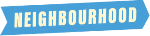 "NEIGHBOURHOOD logo in bold yellow text on a blue background, representing community and connection in digital marketing."