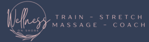 Wellness On Shore logo featuring text "Wellness" and the tagline "Train - Stretch - Massage - Coach," emphasizing holistic health and fitness services.