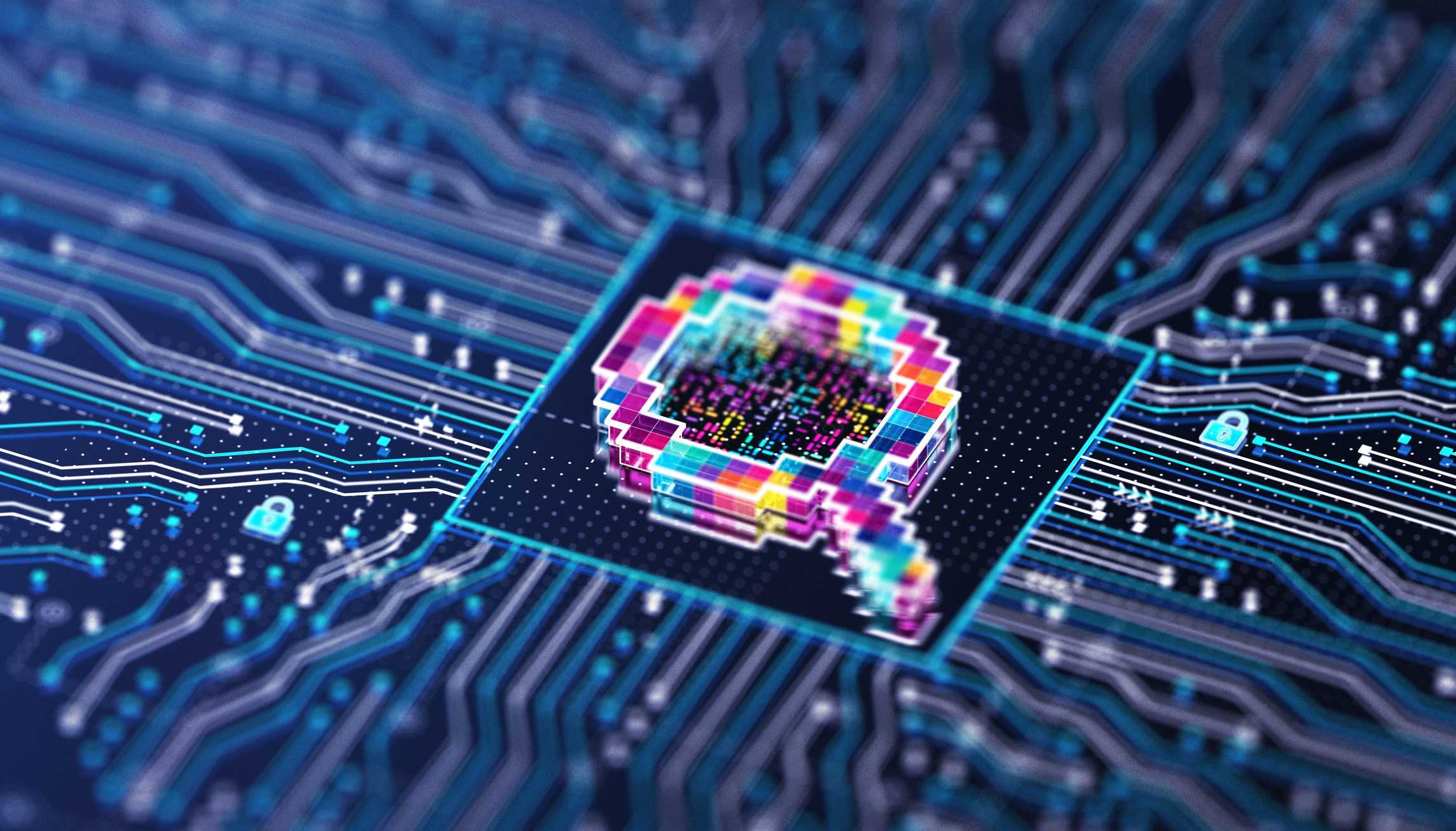 Colorful pixelated brain icon on a circuit board background, symbolizing AI and digital marketing strategies for business growth.