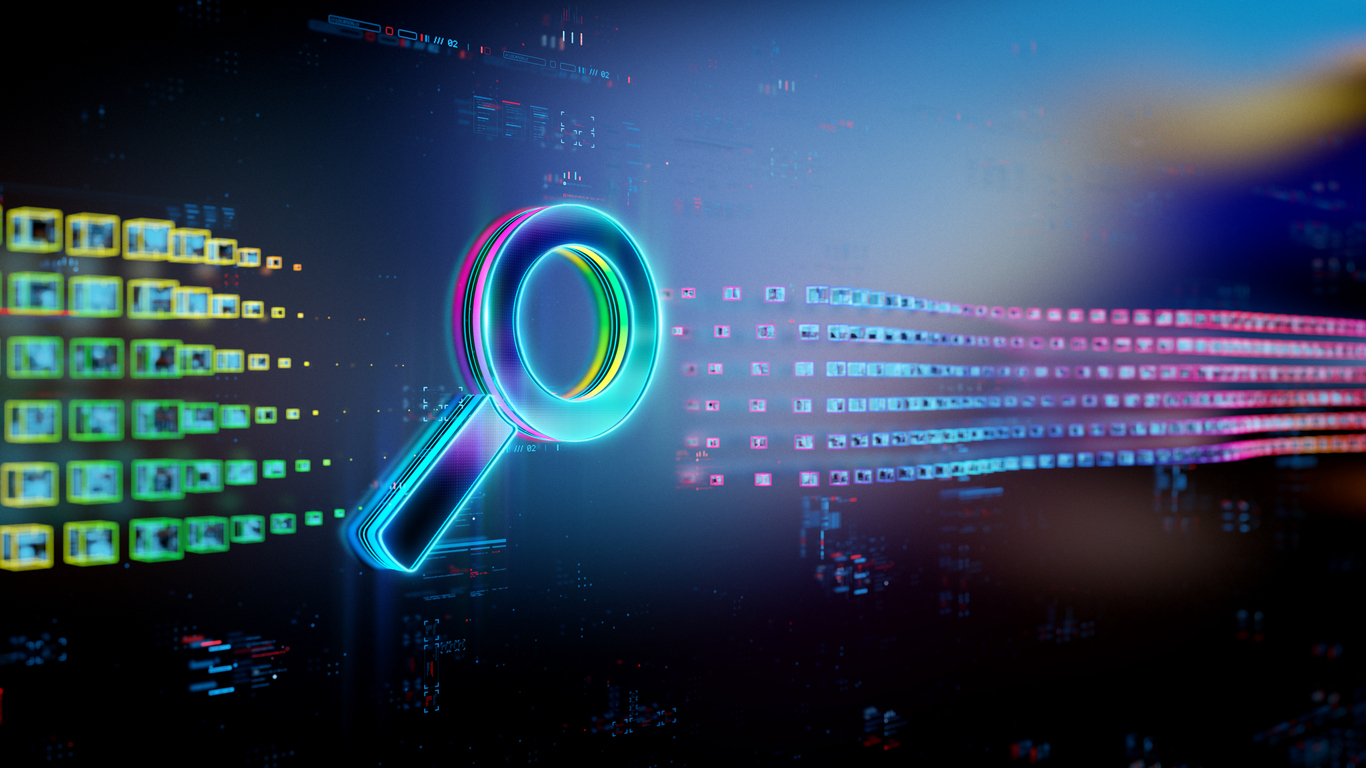 Colorful search icon against a digital backdrop with data patterns, symbolizing SEO and digital marketing strategies for business growth.