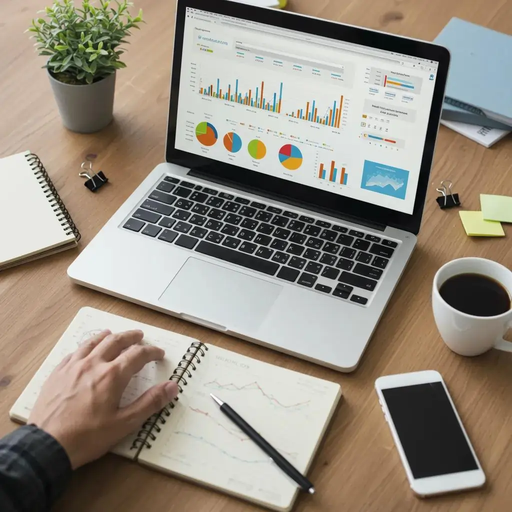 Laptop displaying analytics dashboard with colorful graphs and charts, hand writing notes in a notebook, coffee cup, smartphone, and plant on wooden desk, illustrating Technical SEO performance monitoring and optimization strategies.
