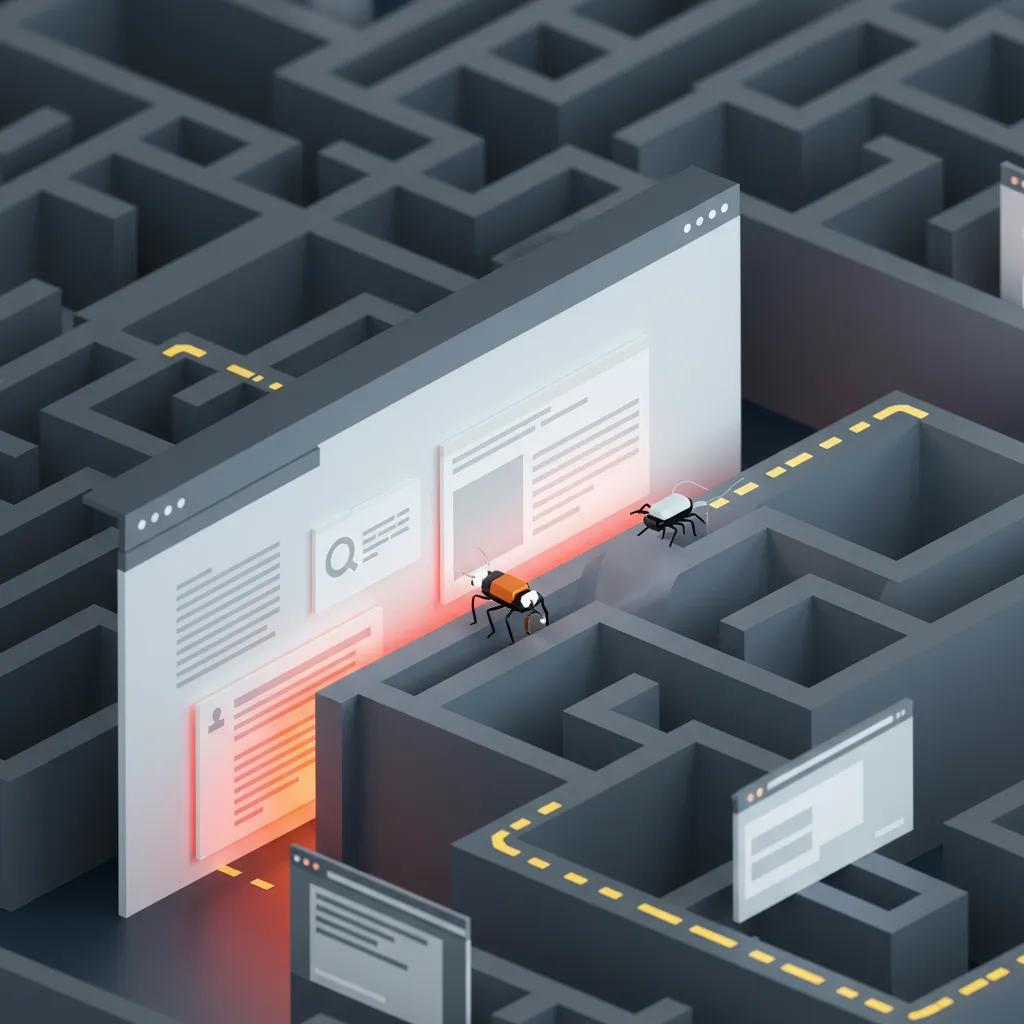 Visual representation of search engine crawlers navigating a digital maze, symbolizing crawl budget optimization for enhanced website indexing and performance.