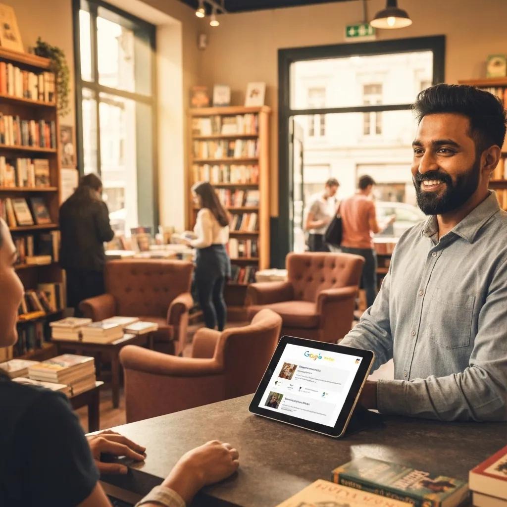 Local business owner engaging with customers, highlighting local SEO strategies Man smiling at a customer in a cozy bookstore, holding a tablet displaying Google reviews, with shelves of books and patrons browsing in the background.