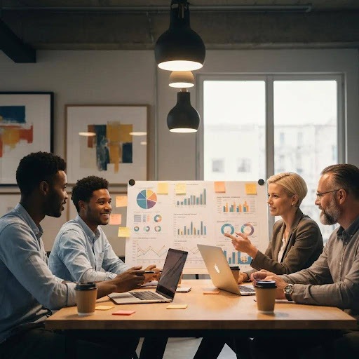 Team collaborating on SEO strategies in a modern office, discussing charts and data on a presentation board, with laptops and coffee cups on the table, emphasizing customized SEO approaches for business growth in Australia.