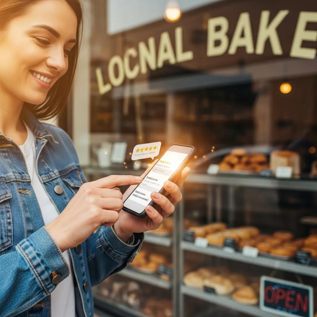 Customer leaving a positive review on a mobile device, enhancing local SEO and trust Woman using smartphone to leave a review outside a local bakery, with visible five-star rating and bakery products in the background.