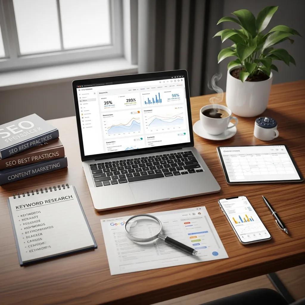 Laptop displaying SEO analytics dashboard, smartphone showing performance metrics, notebook titled "Keyword Research," and coffee cup on a wooden desk, illustrating SEO content optimization strategies for business growth.