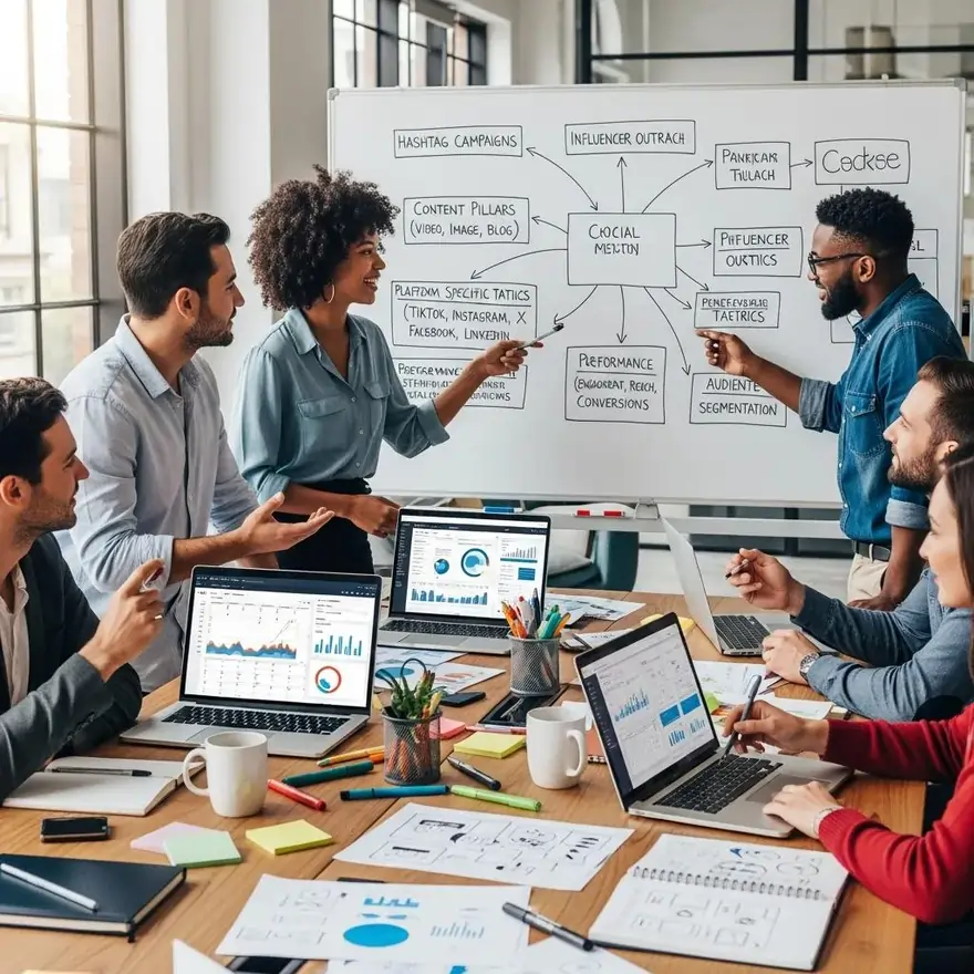Group of diverse professionals discussing social media marketing strategies, with a whiteboard displaying key topics like influencer outreach, platform-specific tactics, and audience segmentation, surrounded by laptops showing data analytics and marketing charts.