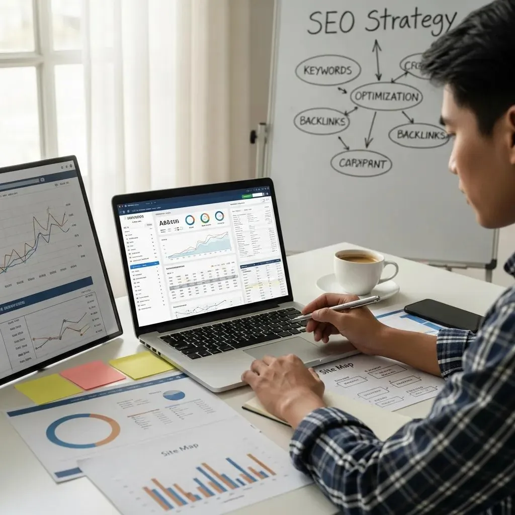Person analyzing SEO data on laptop, with charts and graphs displayed, surrounded by notes and a cup of coffee, illustrating digital marketing strategies and AI-driven SEO practices.