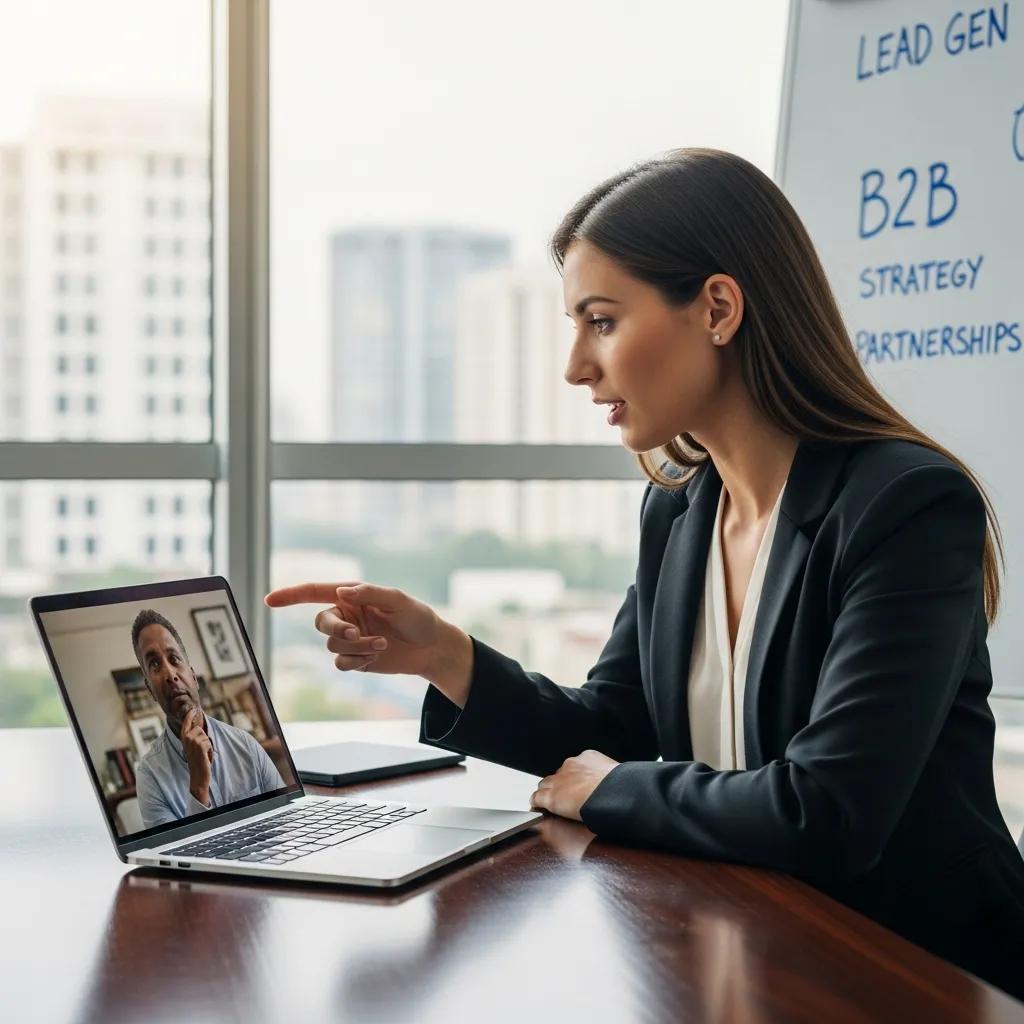 Businesswoman engaging in a video call on a laptop, discussing B2B lead generation strategies, with a city skyline in the background.