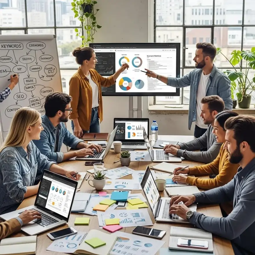 Team collaborating in a modern office, analyzing digital marketing strategies with laptops and charts, emphasizing growth techniques like SEO and content optimization.