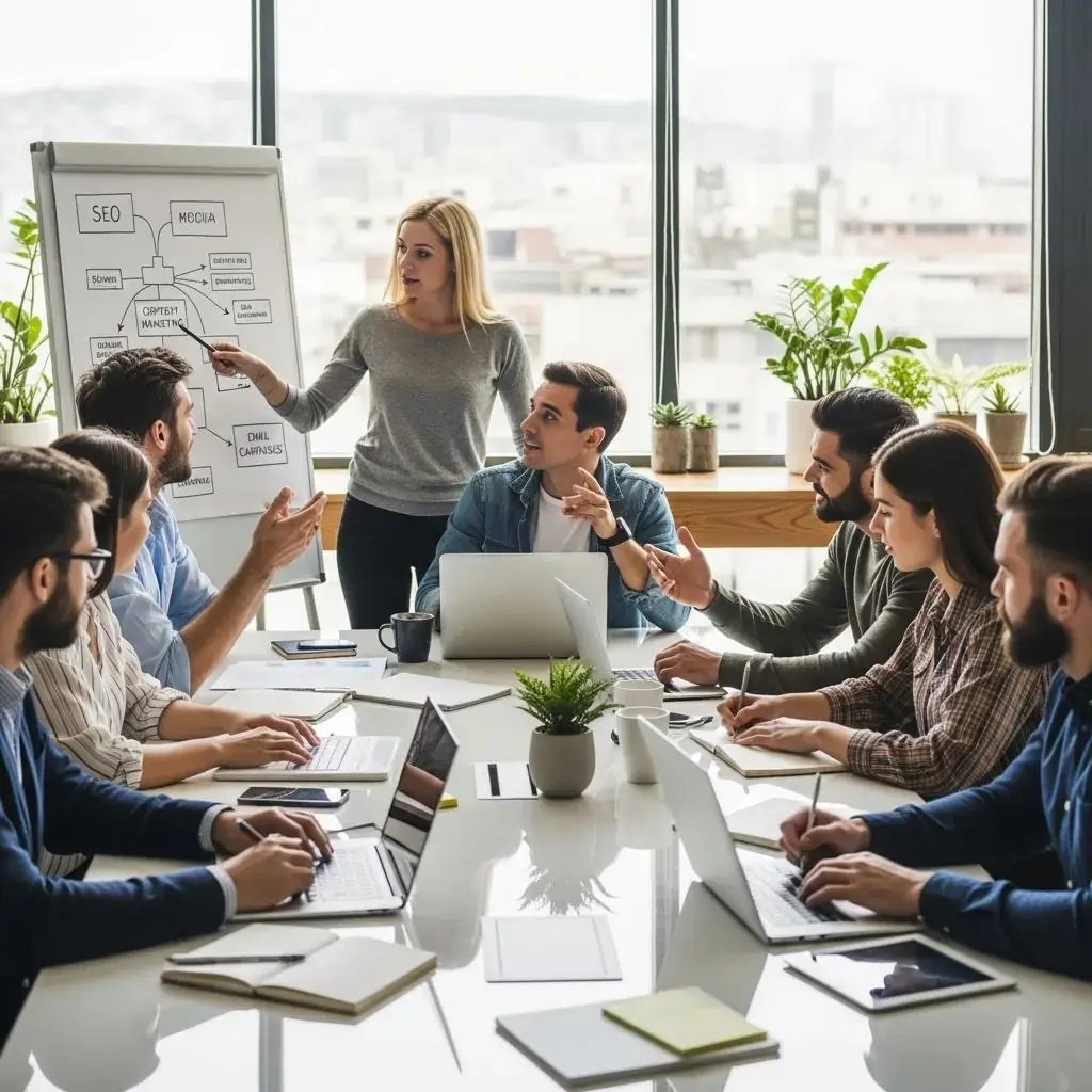 Team collaborating in a modern office setting, discussing digital marketing strategies, including SEO and content marketing, with a whiteboard presentation and laptops.