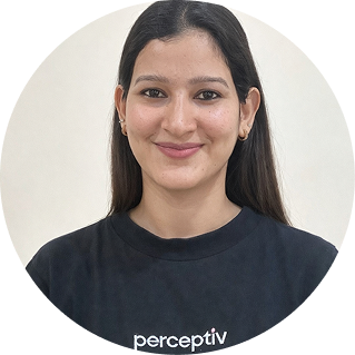 Diksha Thakur, SEO Team Lead at Perceptiv Media, smiling in a black t-shirt with the company logo, representing the agency's creative and dedicated team based in Chandigarh.